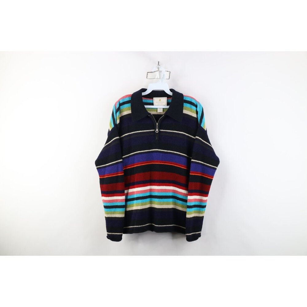 Vintage 90s Express Womens Medium Rainbow Striped Marled Knit Collared Sweater